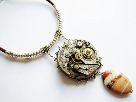 Steampunk Antique Watch Movement & Jasper Necklace, Steampunk Necklace, Steampunk Watch Jasper Necklace, Silver Bead Necklace, PN81 by RavensSecretStash steampunk buy now online