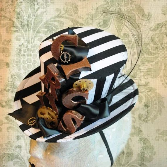 Steampunk Circus Mini Top Hat,Black & White Striped Fascinator,Steampunk Ladies Top Hat with Watch Parts,Vintage Circus-Ready to Ship by BizarreNoir steampunk buy now online Steampunk Circus Mini Top Hat,Black & White Striped Fascinator,Steampunk Ladies Top Hat with Watch Parts,Vintage Circus-Ready to Ship by BizarreNoir steampunk buy now online