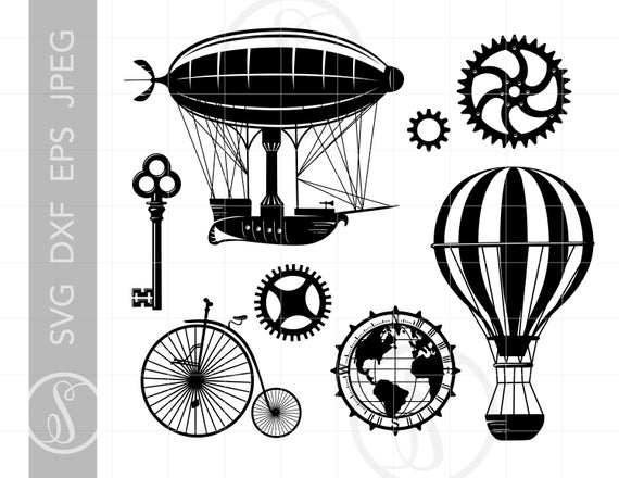 STEAMPUNK Svg Cut File Clipart Downloads | Steampunk Balloon Svg | Steampunk Blimp Ship Compass Svg | Steampunk Travel Clipart Svg SC408 by SunflowerChicSVG steampunk buy now online