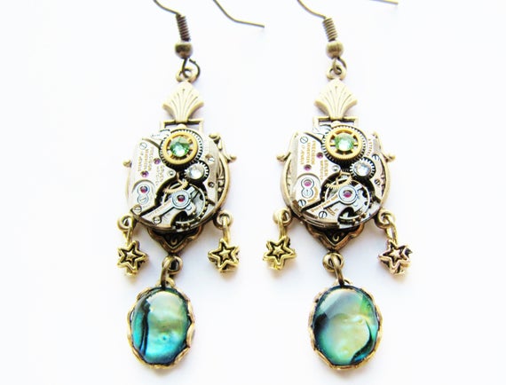 Steampunk Watch Movement Earrings with Abalone Cabochons, Steampunk Earrings, Abalone Earrings, Shell Earrings, Watch Earrings ERG103 by RavensSecretStash steampunk buy now online