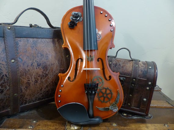 Violin Steampunk Art or Playable Musical Instrument Steampunk Fiddle Violin with Case Bow Decorative with Gears and Metal Roses by TarasTreasureShop steampunk buy now online