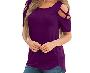 T Shirts Womens~Hotsell〔☀ㄥ☀〕Women's Shirts Cross Short Sleeve Casual Blouse Tunic Tops Solid Color Cold Sholder Ladies Round Neck Casual T-Shirt Purple steampunk buy now online