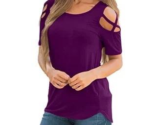 T Shirts Womens~Hotsell〔☀ㄥ☀〕Women's Shirts Cross Short Sleeve Casual Blouse Tunic Tops Solid Color Cold Sholder Ladies Round Neck Casual T-Shirt Purple steampunk buy now online