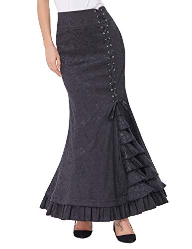 Belle Poque Women Gothic Victorian Ruffled Jacquard Mermaid Maxi Skirt ...