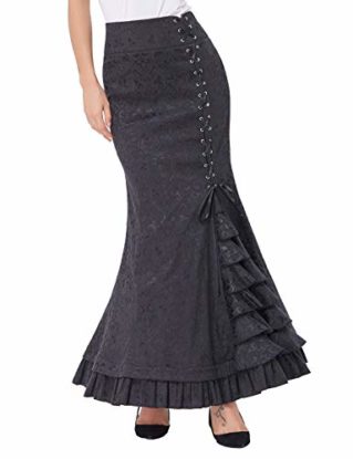 Belle Poque Women Gothic Victorian Ruffled Jacquard Mermaid Maxi Skirt Black 8 steampunk buy now online