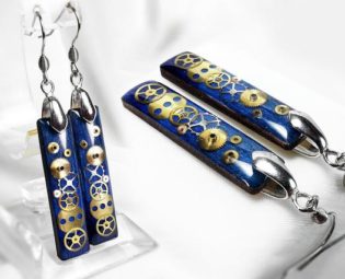 Blue wood watch parts steampunk Earrings, geek watch jewelry, sterling silver hook, watch movements by ByEmilyRay steampunk buy now online