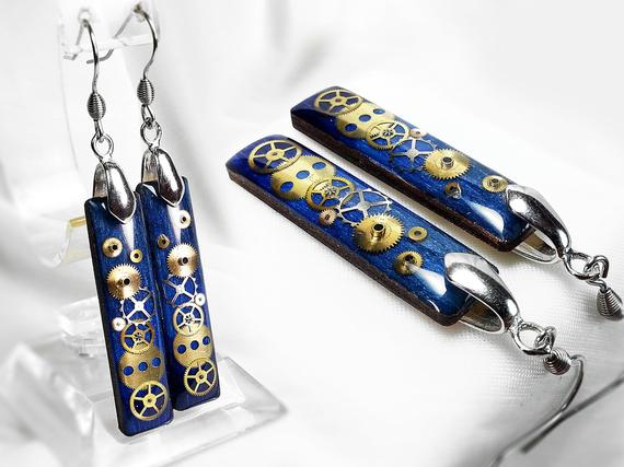 Blue wood watch parts steampunk Earrings, geek watch jewelry, sterling silver hook, watch movements by ByEmilyRay steampunk buy now online