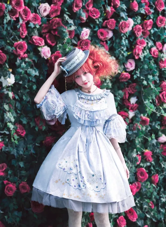 Classic Lolita Casual Fashion Clouds and Star Rain Prints Oversize Color Blocking Summer Midi Dress and Ballet Underdress by Fanplusfriend steampunk buy now online