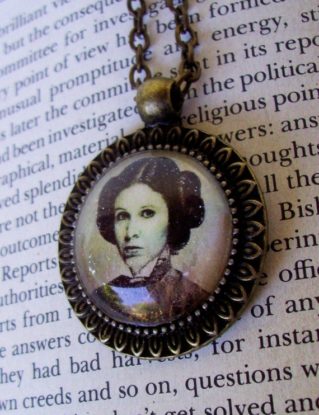 CLEARANCE SALE - Steampunk Star Wars (N702) Princess Leia Necklace, Vintage Sepia Sparkle Image of Leia Organa Pendant, Bronze Framework by DesignsByFriston steampunk buy now online