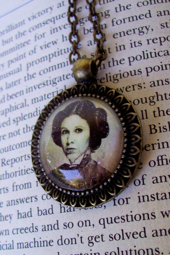 CLEARANCE SALE - Steampunk Star Wars (N702) Princess Leia Necklace, Vintage Sepia Sparkle Image of Leia Organa Pendant, Bronze Framework by DesignsByFriston steampunk buy now online