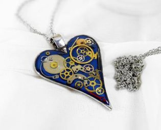 Dark blue resin steampunk heart pendant, steam punk necklace, love gift for girlfriend, clockwork pendant, romantic heart necklace by ByEmilyRay steampunk buy now online