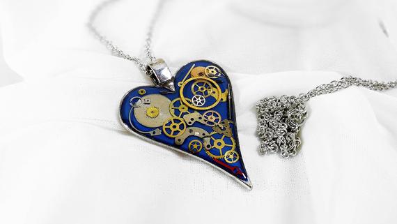 Dark blue resin steampunk heart pendant, steam punk necklace, love gift for girlfriend, clockwork pendant, romantic heart necklace by ByEmilyRay steampunk buy now online