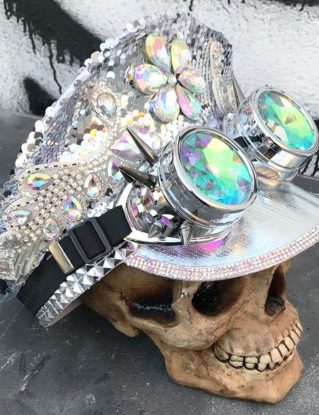 Festival Party Hat, Silver Sequin Unisex Burning Man Cap, Military Officers Bling Captains Cap with Goggles & 2nd pr of Goggles Lenses by jadedminx steampunk buy now online