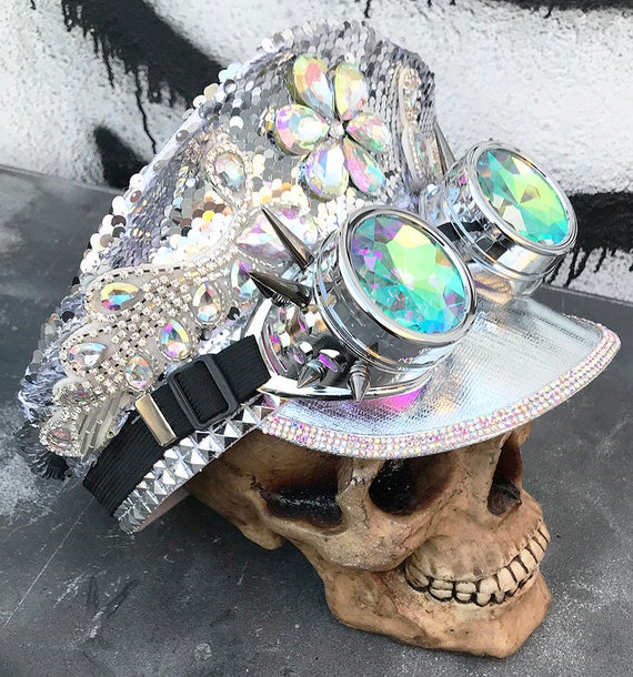 Festival Party Hat, Silver Sequin Unisex Burning Man Cap, Military Officers Bling Captains Cap with Goggles & 2nd pr of Goggles Lenses by jadedminx steampunk buy now online