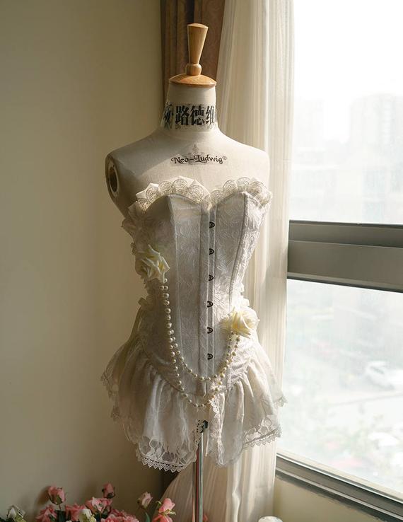 Rococo Lolita Victorian Steel Boned Peplum Corset & Brooch White by Fanplusfriend steampunk buy now online