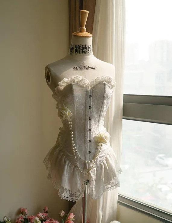 Rococo Lolita Victorian Steel Boned Peplum Corset & Brooch White by Fanplusfriend steampunk buy now online Rococo Lolita Victorian Steel Boned Peplum Corset & Brooch White by Fanplusfriend steampunk buy now online