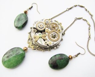 Steampunk Antique Watch Movement & Zoisite Stone Necklace Earring Set, Steampunk Necklace Earring Set, Victorian Industrial Jewellery NES27 by RavensSecretStash steampunk buy now online