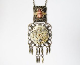 Steampunk Rose Bee & Watch Movement Pendant Necklace, Steampunk Bee Necklace, Steampunk Vintage Watch Necklace, Steampunk Necklace PN102 by RavensSecretStash steampunk buy now online