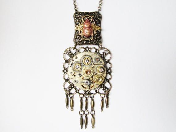 Steampunk Rose Bee & Watch Movement Pendant Necklace, Steampunk Bee Necklace, Steampunk Vintage Watch Necklace, Steampunk Necklace PN102 by RavensSecretStash steampunk buy now online