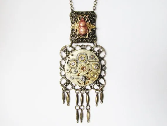 Steampunk Rose Bee & Watch Movement Pendant Necklace, Steampunk Bee Necklace, Steampunk Vintage Watch Necklace, Steampunk Necklace PN102 by RavensSecretStash steampunk buy now online Steampunk Rose Bee & Watch Movement Pendant Necklace, Steampunk Bee Necklace, Steampunk Vintage Watch Necklace, Steampunk Necklace PN102 by RavensSecretStash steampunk buy now online