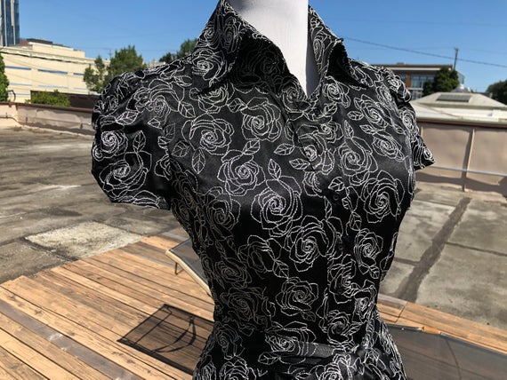 Vintage 90s Bebe Black Silk Satin Blend Fitted Button Up Belted Short Puffed Sleeve Blouse White Rose Floral Print Stitch 1990s XS XXS Top by sssggg steampunk buy now online