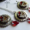 Vintage watch movement Blood red Swarovski Steampunk necklace and Earrings - Steampunk Jewelery set - personalized jewelry by SteamRetro steampunk buy now online