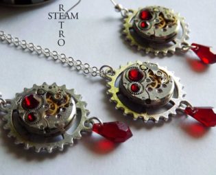 Vintage watch movement Blood red Swarovski Steampunk necklace and Earrings - Steampunk Jewelery set - personalized jewelry by SteamRetro steampunk buy now online