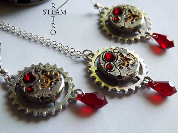 Vintage watch movement Blood red Swarovski Steampunk necklace and Earrings - Steampunk Jewelery set - personalized jewelry by SteamRetro steampunk buy now online