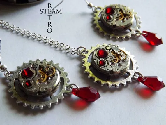 Vintage watch movement Blood red Swarovski Steampunk necklace and Earrings - Steampunk Jewelery set - personalized jewelry by SteamRetro steampunk buy now online Vintage watch movement Blood red Swarovski Steampunk necklace and Earrings - Steampunk Jewelery set - personalized jewelry by SteamRetro steampunk buy now online