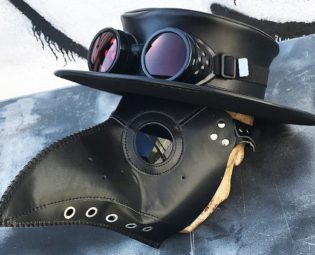 3 pc Black Faux Leather 'PLAGUE DOCTOR' Mask with Matching Pleather 'ZORRO' Hat and Steampunk Goggles w/Interchangeable Lenses - Burning Man by jadedminx steampunk buy now online