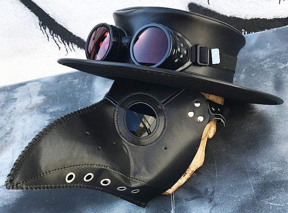 3 pc Black Faux Leather 'PLAGUE DOCTOR' Mask with Matching Pleather 'ZORRO' Hat and Steampunk Goggles w/Interchangeable Lenses - Burning Man by jadedminx steampunk buy now online