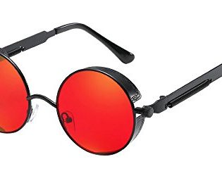 BOZEVON Punk Round Sunglasses - Classical Metal Cycling Retro Sunglasses For Women & Men Black-Red steampunk buy now online