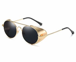 AMZTM Steampunk Metal Frame Sunglasses for Women Men - Retro Round Lens Eyewear with Side Shield Double Bridge(Gold Frame Grey Lens) steampunk buy now online