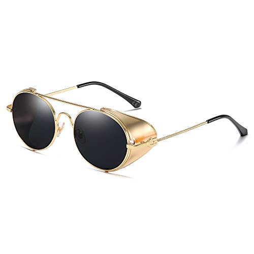 AMZTM Steampunk Metal Frame Sunglasses for Women Men - Retro Round Lens Eyewear with Side Shield Double Bridge(Gold Frame Grey Lens) steampunk buy now online