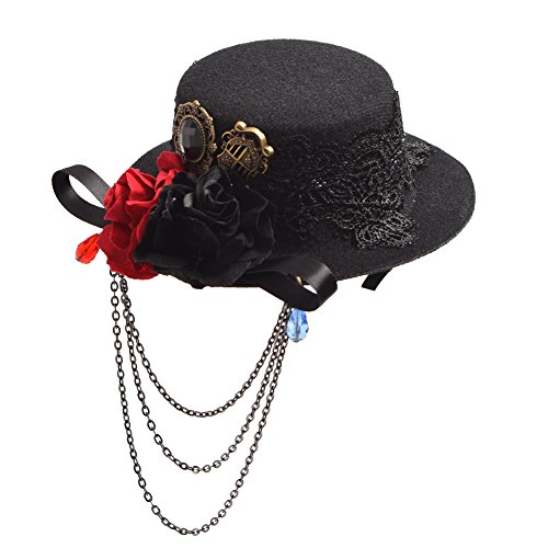 BLESSUME SteamPunk Women Black Mini Top Hat Hair Clip Rose Floral Lace Headwear Vintage(Size: One Size) steampunk buy now online