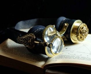 Astronomer steampunk goggles in dark blue leather with jewelled details and embossed design by TheTimeCabinet steampunk buy now online