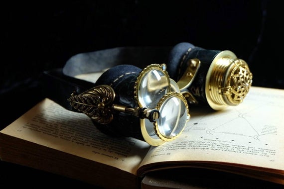 Astronomer steampunk goggles in dark blue leather with jewelled details and embossed design by TheTimeCabinet steampunk buy now online