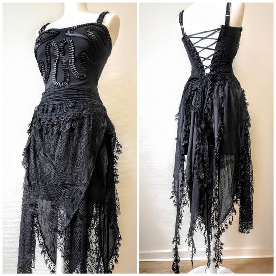 Black dress with tattered skirt, Gothic bridal gown,Vampire dress in black , witches dress one of a kind, Raw Rags by RAWRAGSbyPK steampunk buy now online