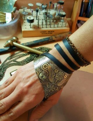 Half Cuff Bracelet Steampunk Style Key Gothic Connector Etched Oxidized Brass Sheet Leather Strip Riveted Brass Chain Artisan Made Jewelry by AlchimiaMetalMagic steampunk buy now online