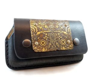 Leather mobile holder for belt with etched brass steampunk blank Personalized case for cell phone Mobile bag for belt Belt pouch for mobile by AlchimiaMetalMagic steampunk buy now online