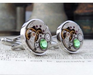 Steampunk Cufflinks with Vintage Watch Mechanisms & Light Green 'Peridot' Crystals. 16th Wedding Anniversary / August Birthstone Gift. by Jamlincrow steampunk buy now online