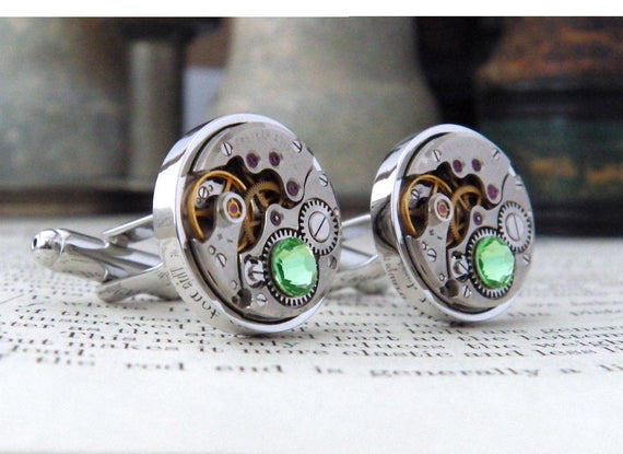 Steampunk Cufflinks with Vintage Watch Mechanisms & Light Green 'Peridot' Crystals. 16th Wedding Anniversary / August Birthstone Gift. by Jamlincrow steampunk buy now online