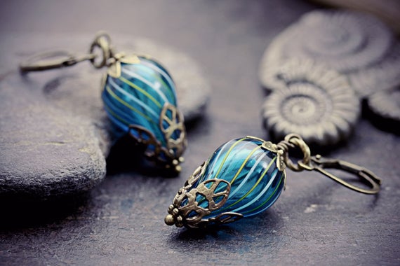 Steampunk Earrings Balloon Jewelry Hot Air Balloons Turquoise Blue Glass Bead Dangle Around the World 80 Days Neo Victorian Travel Gift by TheCreakingDoor steampunk buy now online