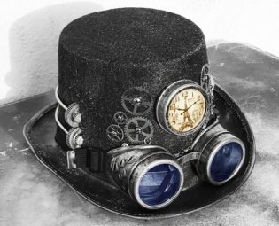 STEAMPUNK HAT GOGGLES Set - 2 pc Silver Vintage-Look Steampunk Top Hat with Clock, Gears, Chains, Tubes, and Matching Removable Goggles by jadedminx steampunk buy now online