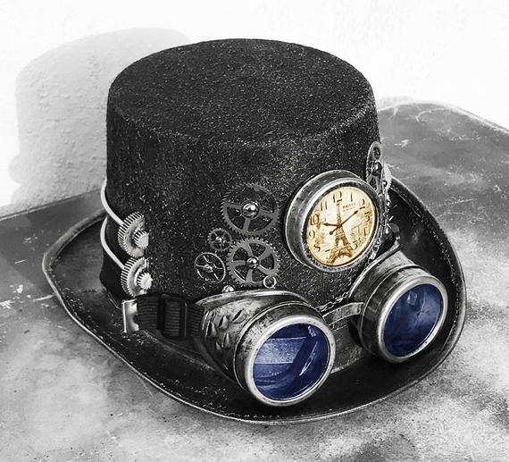 STEAMPUNK HAT GOGGLES Set - 2 pc Silver Vintage-Look Steampunk Top Hat with Clock, Gears, Chains, Tubes, and Matching Removable Goggles by jadedminx steampunk buy now online