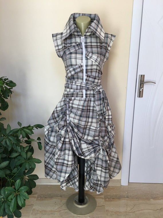 White Tartan Plaid steampunk dress, Burlesque Dress, Vivienne Westwood style ,Asymmetrical Fancy Cowgirl plaid dress,Western plaid dress by StudioMariya steampunk buy now online