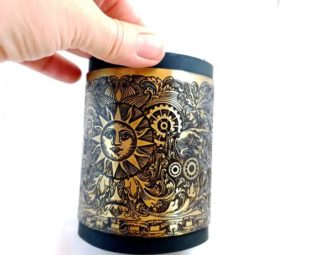 Wide Leather Brass Cuff Bracelet Etched Oxidized Brass Blank Steampunk Sun Pattern Cuff Rivets Handmade Gothic Style by AlchimiaMetalMagic steampunk buy now online