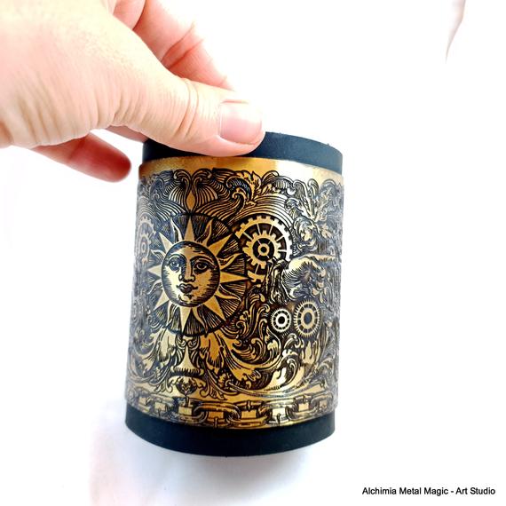 Wide Leather Brass Cuff Bracelet Etched Oxidized Brass Blank Steampunk Sun Pattern Cuff Rivets Handmade Gothic Style by AlchimiaMetalMagic steampunk buy now online