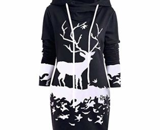 Auifor Christmas Dresses Nice Stylish Long Sleeve Drawstring Hooded Lovely Christmas Reindeer Print Dress Xmas Party Dress(A-Black,S) steampunk buy now online