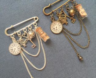 Alice in Wonderland Brooch, steampunk jewelry, Alice in Wonderland Jewelry, fantasy jewelry, steampunk brooch, clock brooch, charm brooch by GallaghersBoutique steampunk buy now online